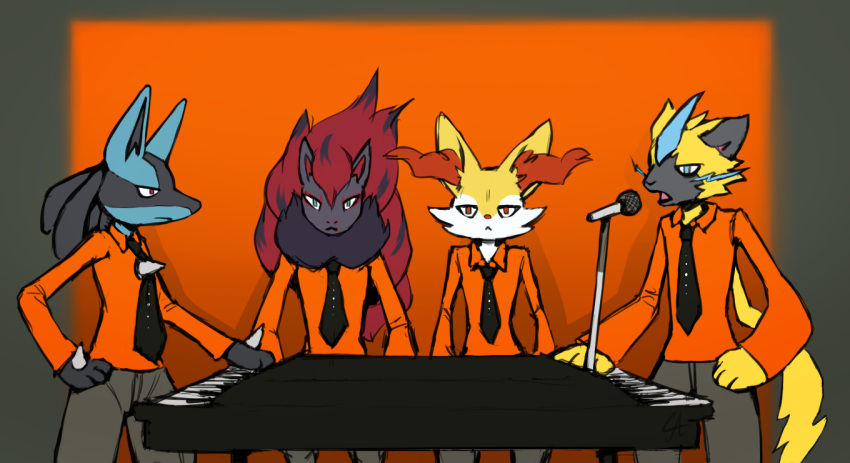 anthro black_body black_fur black_necktie blue_body blue_eyes blue_fur bottomwear braixen clothing electronics fur generation_4_pokemon generation_5_pokemon generation_6_pokemon generation_7_pokemon grey_background grey_bottomwear grey_clothing grey_pants group hair keyboard keyboard_instrument kraftwerk legendary_pokemon lucario male microphone musical_instrument musical_keyboard necktie nintendo orange_background orange_clothing orange_suit pants pokemon pokemon_(species) red_eyes red_hair serious serious_face simple_background spikes spiky_hair suit wolframclaws yellow_body yellow_fur zeraora zoroark