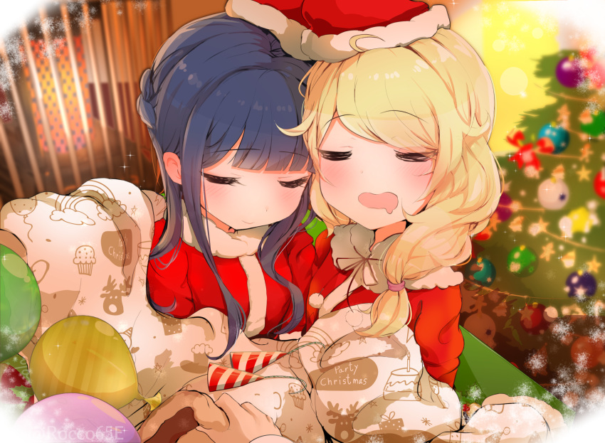 1other 2girls blanket blonde_hair blue_hair blush christmas christmas_ornaments christmas_tree closed_eyes commentary_request drooling facing_viewer fur-trimmed_jacket fur_trim hat heater highres idolmaster idolmaster_cinderella_girls indoors jacket long_hair mouth_drool multiple_girls open_mouth red_headwear red_jacket sajo_yukimi sakurano_rocco santa_costume santa_hat yusa_kozue