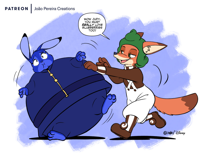 2020 anthro belt big_cheeks black_eyes black_nose blue_background blue_belt blue_body blue_bottomwear blue_clothing blue_dress blue_inner_ear blue_nose blue_pants blueberry_inflation border bottomwear brown_clothing brown_footwear brown_shirt brown_shoes brown_topwear canid canine cheek_bulge clothing colored cosplay digital_media_(artwork) disney dress duo english_text female flat_colors footwear fox green_eyes green_hair hair hi_res immobile joaoppereiraus judy_hopps lagomorph leporid looking_at_another male mammal motion_lines nervous nick_wilde open_mouth orange_ears orange_tail overalls pants patreon pink_tongue rabbit rolling rolling_another round_body shirt shoes signature simple_background smile speech_bubble swollen_cheeks tail tan_inner_ear text tight_clothing tongue topwear white_border white_overalls willy_wonka_and_the_chocolate_factory zootopia