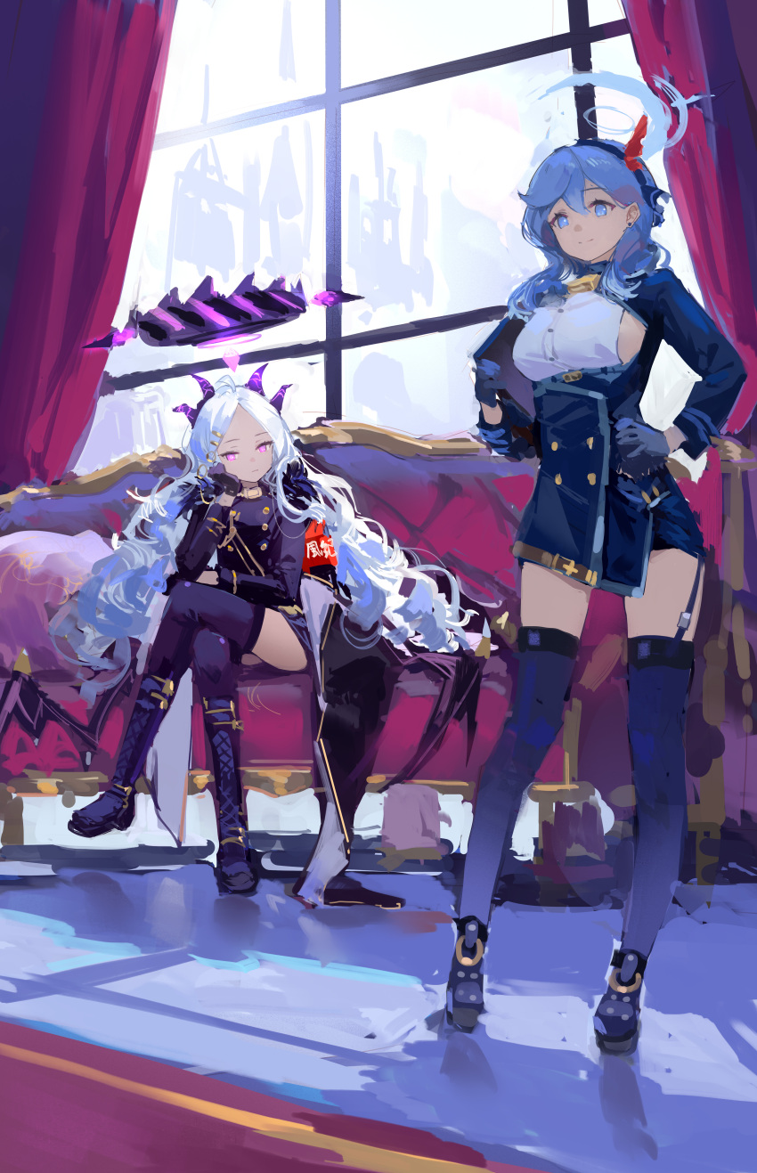 2girls absurdres ako_(blue_archive) black_thighhighs blue_archive blue_eyes blue_gloves blue_hair blue_halo boots breasts closed_mouth couch crossed_legs day dress gloves halo hand_on_own_cheek hand_on_own_face hand_on_own_hip highres hina_(blue_archive) horns indoors large_breasts long_hair looking_at_viewer meinoss multiple_girls pink_eyes purple_halo sideboob smile standing thighhighs white_hair