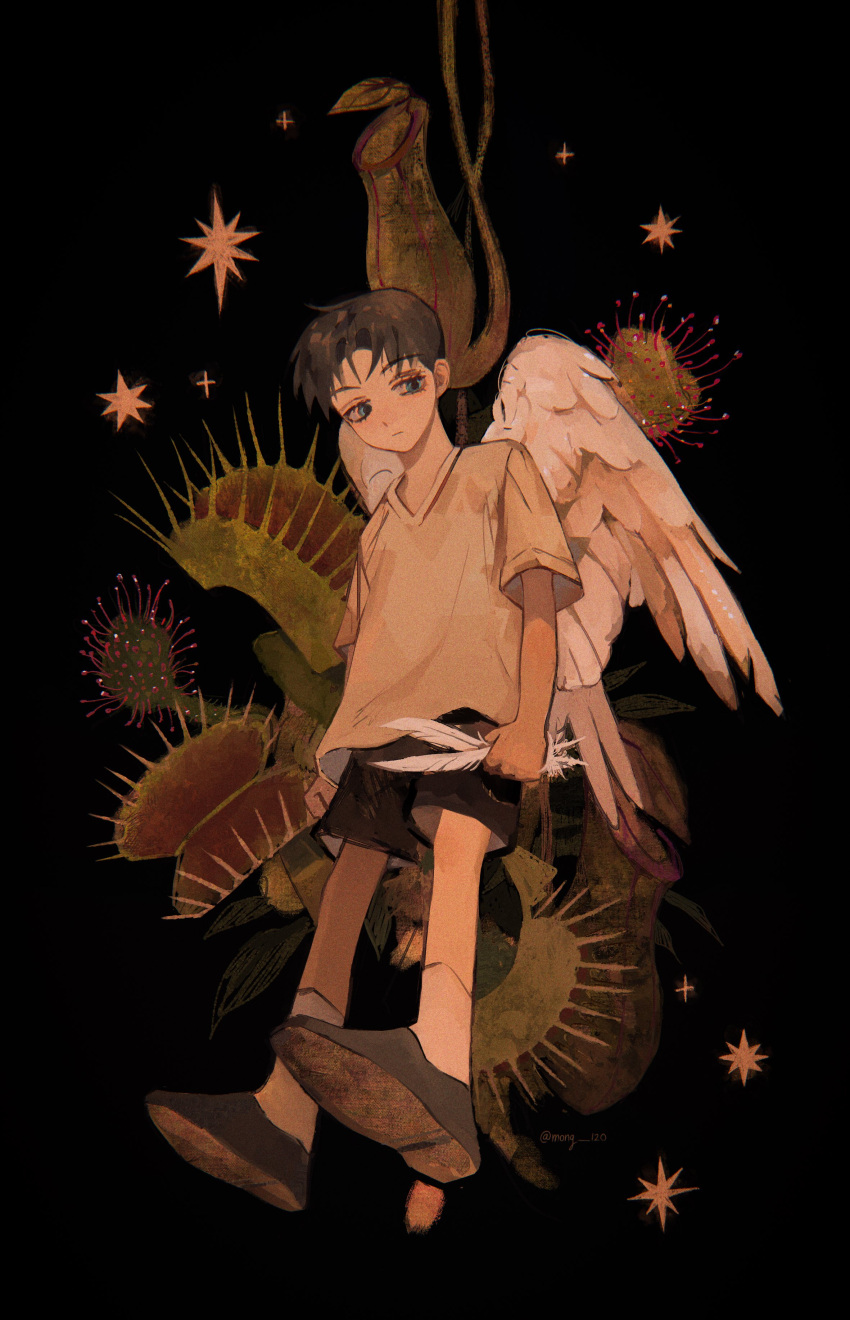 1boy absurdres black_background black_footwear black_shorts blue_eyes brown_hair closed_mouth curtained_hair dark feathered_wings feathers floating from_below full_body half-closed_eyes highres looking_down mong_120 original parted_hair pitcher_plant plant sepia shirt shoes short_hair short_sleeves shorts socks solo star_(symbol) venus_flytrap white_shirt white_socks white_wings wings