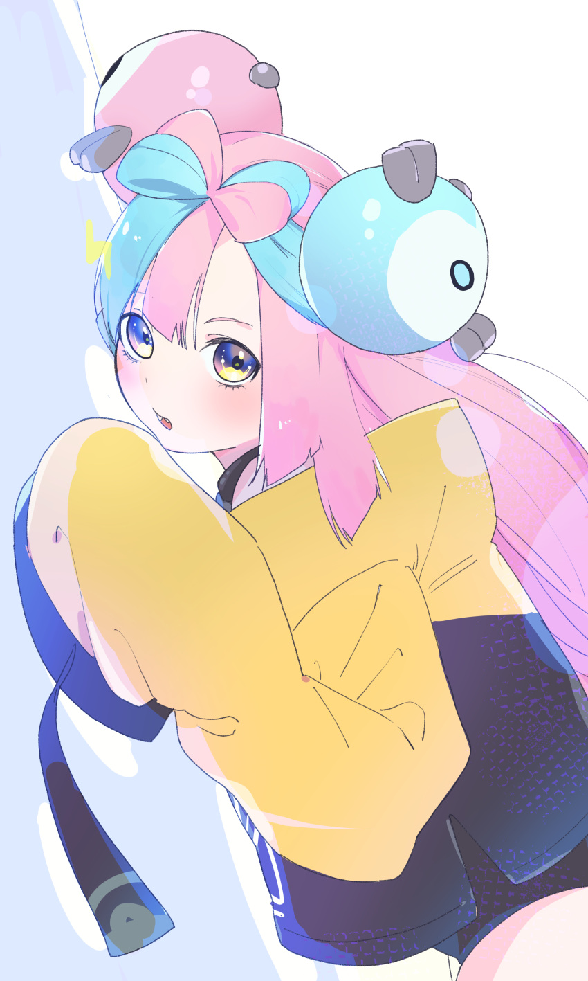 1girl absurdres aqua_hair bow-shaped_hair character_hair_ornament commentary_request hair_ornament highres iono_(pokemon) jacket lightning_bolt_symbol long_hair long_sleeves looking_at_viewer looking_to_the_side multicolored_hair open_mouth pink_hair pokemon pokemon_sv sleeves_past_fingers sleeves_past_wrists solo teeth two-tone_hair upper_teeth_only valentine_(02140314c) yellow_jacket