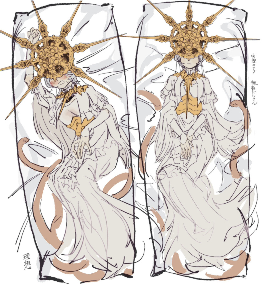 1boy animal arm_up blush closed_mouth dakimakura_(medium) dark_souls_(series) dark_souls_i dark_sun_gwyndolin dress facing_viewer gold_headwear grey_dress grey_hair highres multiple_views short_hair snake spiked_helmet translation_request zunkome