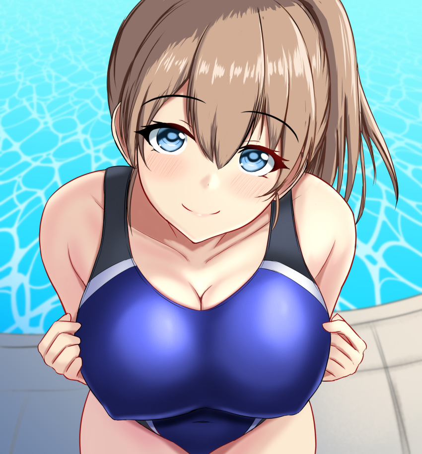 1girl black_one-piece_swimsuit blue_eyes blue_one-piece_swimsuit breasts brown_hair cleavage competition_school_swimsuit competition_swimsuit covered_navel covered_nipples hair_between_eyes highres intrepid_(kancolle) kantai_collection large_breasts looking_at_viewer montemasa one-piece_swimsuit ponytail pool poolside school_swimsuit short_hair smile solo swimsuit two-tone_swimsuit water