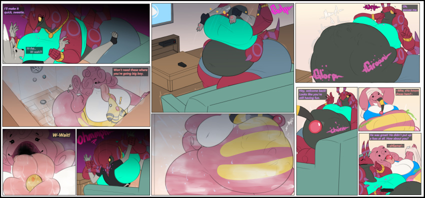 absurd_res ampharos anthro anthro_pred anthro_prey belly big_belly big_breasts big_butt breasts butt chubby_female comic digestion digestion_noises dongwongtang female female_pred generation_2_pokemon generation_4_pokemon generation_5_pokemon hi_res larger_female lickilicky male male/female male_prey minccino multiple_pred nintendo oral_vore pokemon pokemon_(species) rumbling_stomach scolipede size_difference smaller_male tongue vore