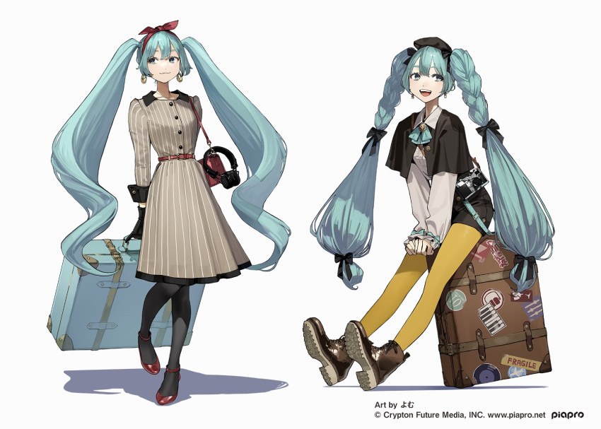 1girl aqua_eyes aqua_hair bag black_capelet black_collar black_gloves black_headwear black_pantyhose black_ribbon black_wrist_cuffs blue_eyes blue_hair brown_footwear camera capelet collar dress earrings gloves hair_ribbon handbag hatsune_miku headphones highres holding holding_suitcase jewelry long_hair looking_to_the_side official_art pantyhose red_ribbon ribbon simple_background smile sticker striped_clothes striped_dress suitcase twintails vertical-striped_clothes vertical-striped_dress very_long_hair vocaloid white_background yellow_pantyhose yomu_(sgt_epper)