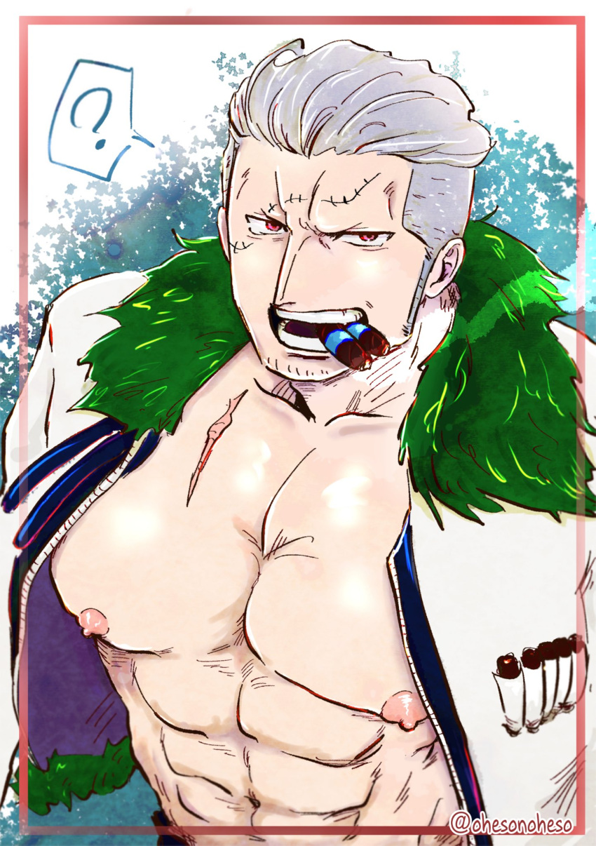 1boy ? abs bara bare_pectorals coat facial_hair goatee_stubble highres large_pectorals male_focus mature_male medium_sideburns muscular muscular_male navel nipples ohesonoheso one_piece open_clothes open_coat pectorals scar scar_on_face scar_on_forehead short_hair sideburns_stubble smoker_(one_piece) solo sparse_stubble spoken_question_mark stitches stubble tsurime upper_body white_hair