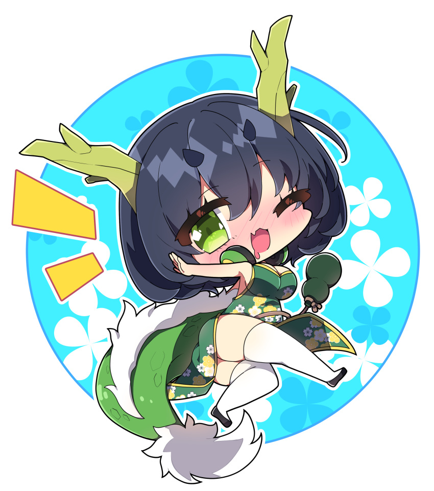 1girl ;d absurdres ass black_footwear black_hair blue_background blush breasts chibi chinese_zodiac cleavage cleavage_cutout clothing_cutout commentary_request dragon_girl dragon_horns dragon_tail dress drooling fang floral_background full_body gourd green_dress green_eyes hair_between_eyes headphones headphones_around_neck highres horns kyoumachi_seika large_breasts milkpanda mouth_drool nose_blush notice_lines one_eye_closed pelvic_curtain round_image shoes sleeveless sleeveless_dress smile solo tail thighhighs voiceroid white_thighhighs year_of_the_dragon