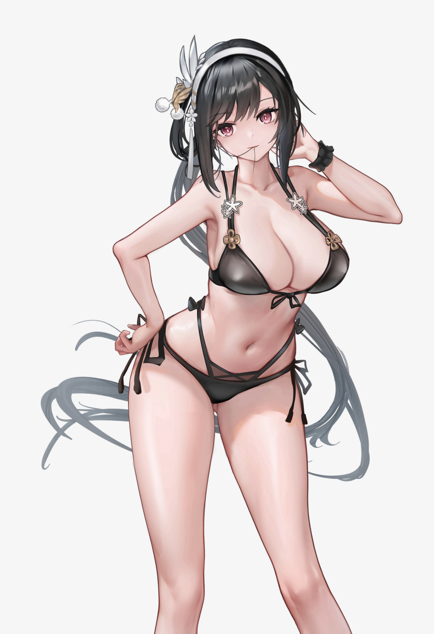 1girl absurdres azur_lane bikini black_bikini black_hair breasts chen_hai_(azur_lane) cleavage commission feet_out_of_frame hair_in_own_mouth hair_ornament hand_on_own_hip highres large_breasts long_hair navel pixiv_commission scrunchie solo swimsuit very_long_hair white_background wrist_scrunchie yellow_eyes yoyoleaf