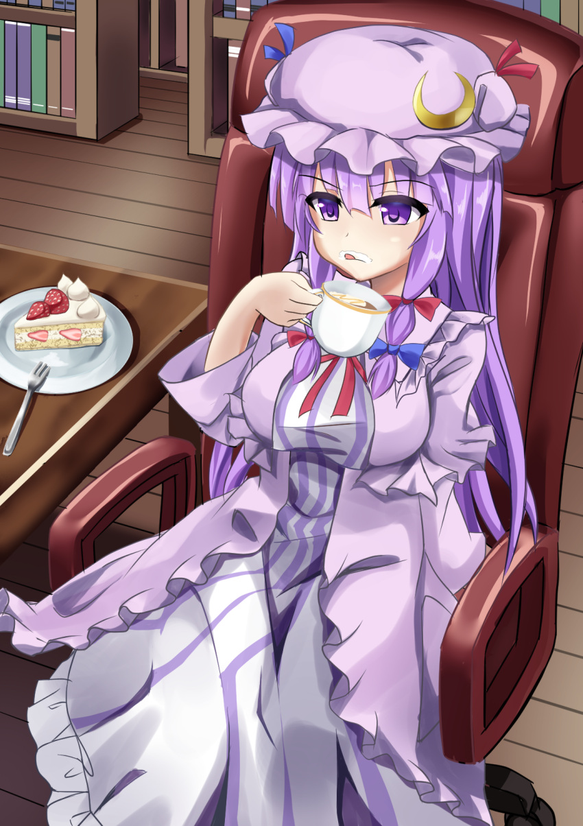 1girl blue_bow blue_ribbon bookshelf bow breasts cake chair commentary_request crescent crescent_hat_ornament cup dress drink food fork hair_bow hat hat_ornament hat_ribbon highres holding holding_cup large_breasts licking_lips light_frown long_hair milk_mustache mob_cap partial_commentary patchouli_knowledge plate purple_eyes purple_hair red_bow red_ribbon ribbon robe sitting solo strawberry_shortcake striped_clothes striped_dress table tongue tongue_out touhou vertical-striped_clothes vertical-striped_dress very_long_hair yasuu_(ezuw3737)