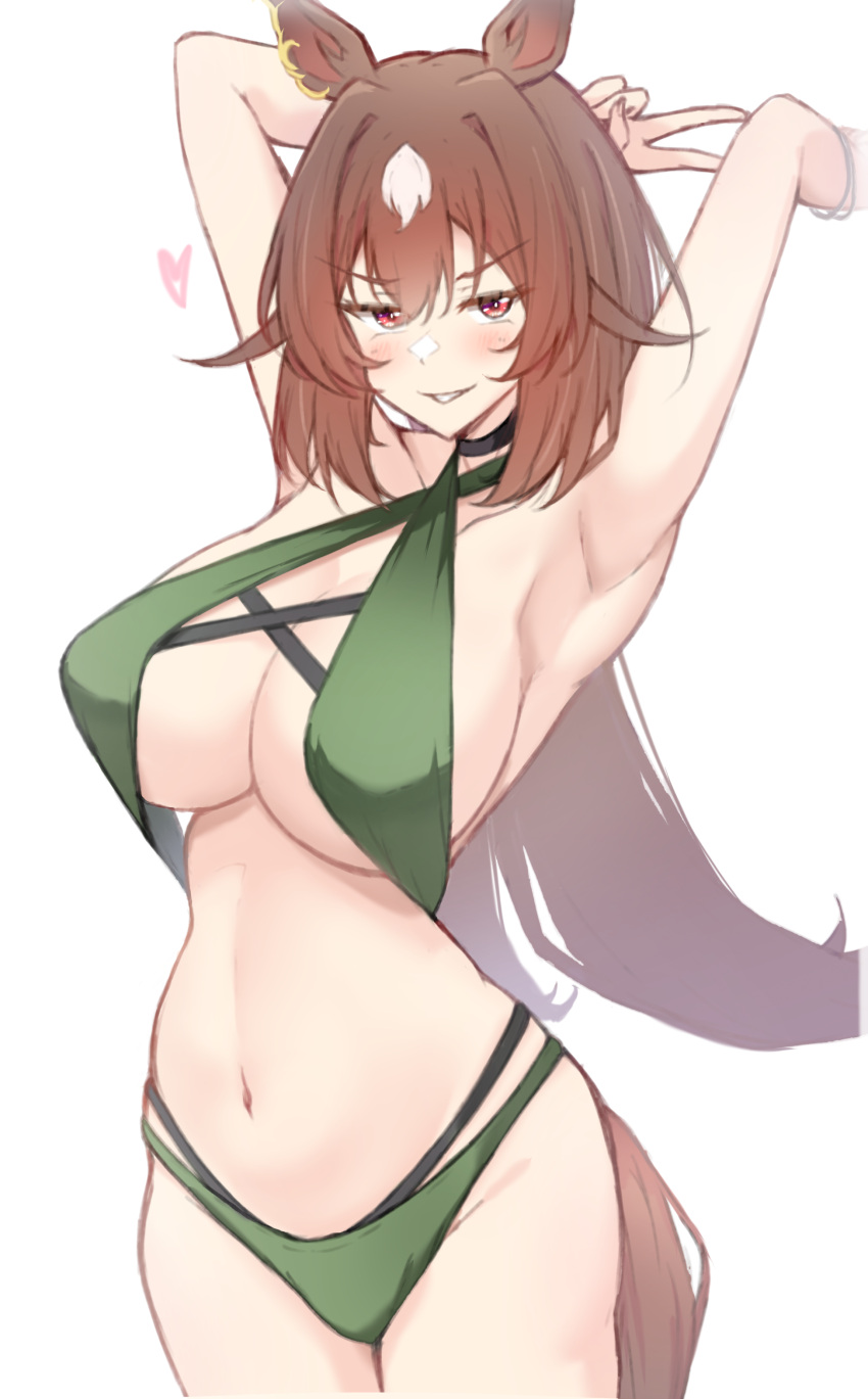 1girl absurdres alternate_costume animal_ears armpits arms_up bikini blush breasts brown_hair cleavage commentary_request cowboy_shot criss-cross_halter ear_ornament green_bikini hair_between_eyes halterneck heart highres himuraanzu horse_ears horse_girl horse_tail large_breasts long_hair looking_at_viewer multicolored_hair navel partial_commentary red_eyes simple_background sirius_symboli_(umamusume) smile solo streaked_hair swimsuit tail umamusume v very_long_hair white_background white_hair