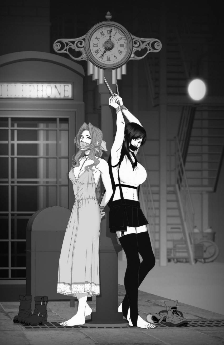 2girls absurdres aerith_gainsborough armpits arms_behind_back arms_up barefoot blurry blurry_background boots bound bound_wrists breasts clock commentary crop_top dress eyelashes feet final_fantasy final_fantasy_vii final_fantasy_vii_remake full_body gag greyscale hair_intakes heel_up highres improvised_gag kusujinn large_breasts looking_at_viewer medium_breasts midriff miniskirt monochrome multiple_girls navel no_shoes outdoors phone_booth skirt sports_bra stirrup_legwear suspender_skirt suspenders symbol-only_commentary tape tape_gag thighhighs tifa_lockhart toeless_legwear toenails toes unworn_boots zettai_ryouiki