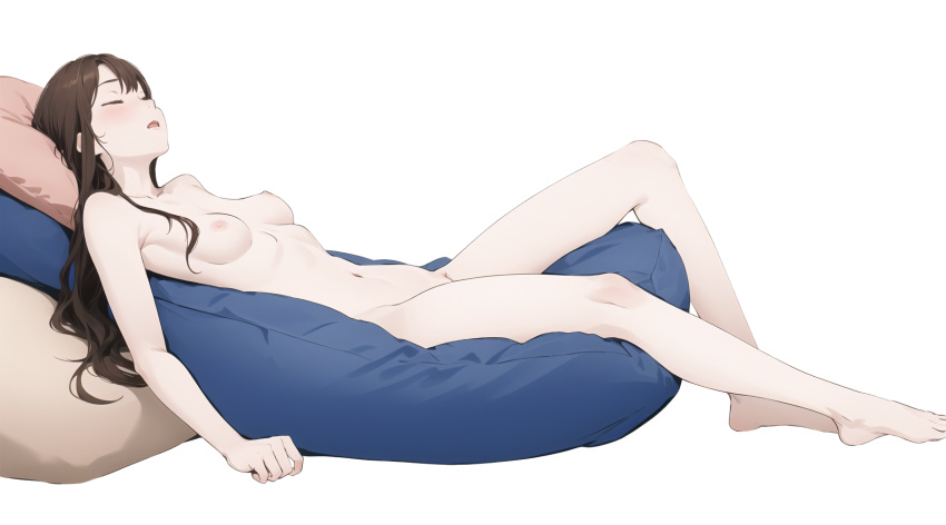 1girl bare_legs barefoot bean_bag_chair blush bodhigust breasts brown_hair closed_eyes commentary_request completely_nude feet full_body highres legs long_hair long_legs lying medium_breasts navel nipples nude on_back open_mouth original simple_background sleeping solo stomach white_background