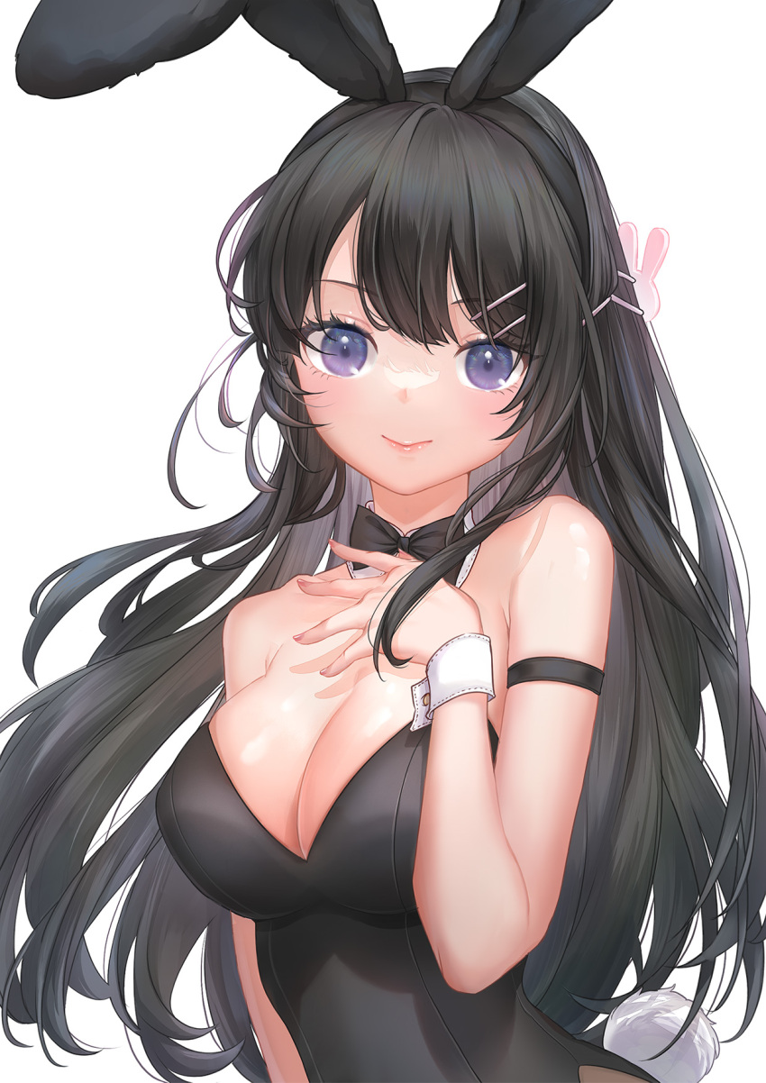 1girl animal_ears armband bare_shoulders black_bow black_bowtie black_hair black_leotard black_theme blue_eyes bow bowtie breasts cleavage closed_mouth detached_collar eyelashes fake_animal_ears fake_tail fingernails hair_ornament hairband hairclip hand_up highres large_breasts leotard lipstick long_hair looking_at_viewer makeup playboy_bunny purple_eyes rabbit_ears rabbit_hair_ornament rabbit_tail sakurajima_mai seishun_buta_yarou silentcity simple_background skindentation smile solo strapless strapless_leotard tail traditional_bowtie upper_body white_background wrist_cuffs