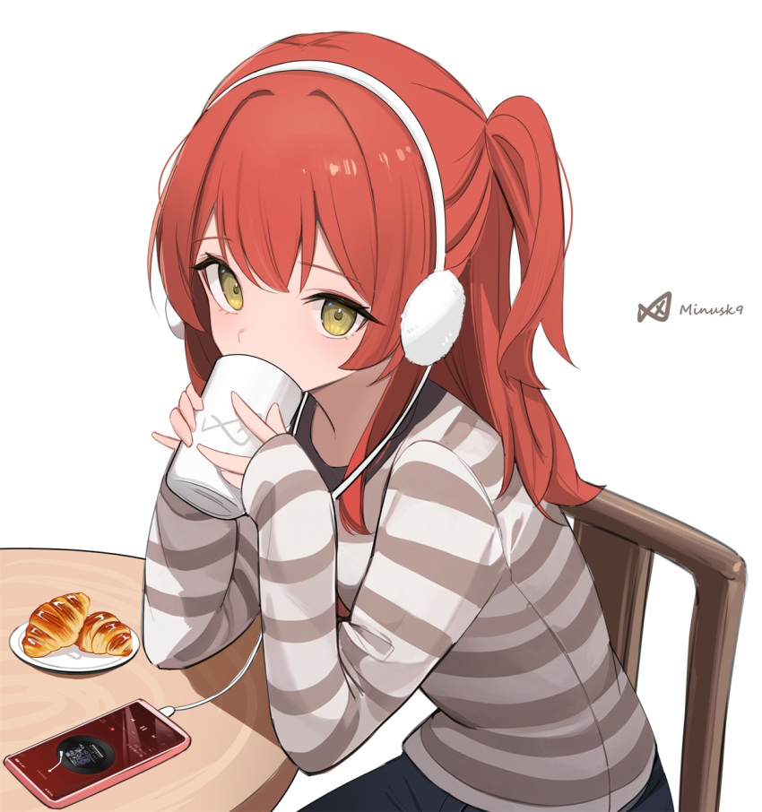 1girl black_pants bocchi_the_rock! brown_eyes cellphone chair commentary_request covered_mouth croissant cup food hands_up headphones highres holding holding_cup kita_ikuyo long_hair long_sleeves looking_at_viewer minusk9 mug on_chair one_side_up pants phone red_hair saucer shirt signature simple_background sitting sleeves_past_wrists solo striped_clothes striped_shirt white_background