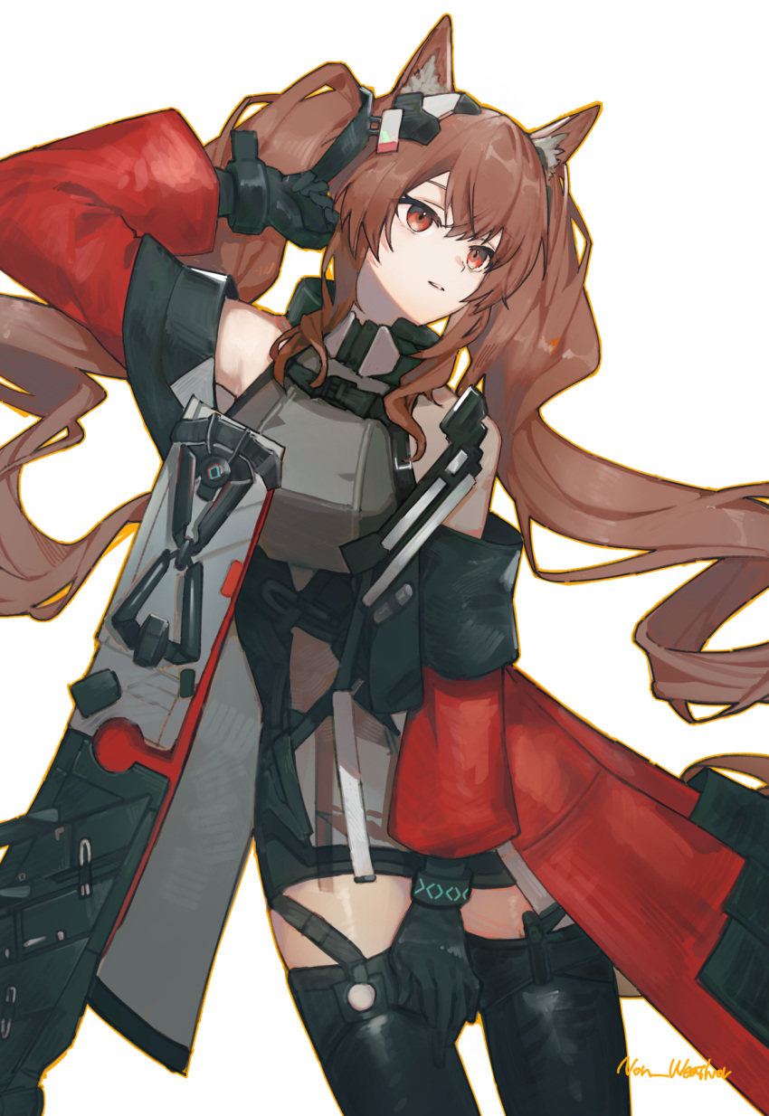 1girl angelina_(arknights) angelina_(endfield)_(arknights) animal_ear_fluff animal_ears arknights arknights:_endfield arm_up bare_shoulders black_gloves black_thighhighs breasts brown_hair cowboy_shot dress fox_ears fox_girl gloves grey_dress hair_intakes hand_on_own_head headgear highres infection_monitor_(arknights) jacket long_hair long_sleeves medium_breasts non_weathers off_shoulder open_clothes open_jacket red_eyes red_jacket sidelocks signature solo standing teeth thighhighs upper_teeth_only zettai_ryouiki