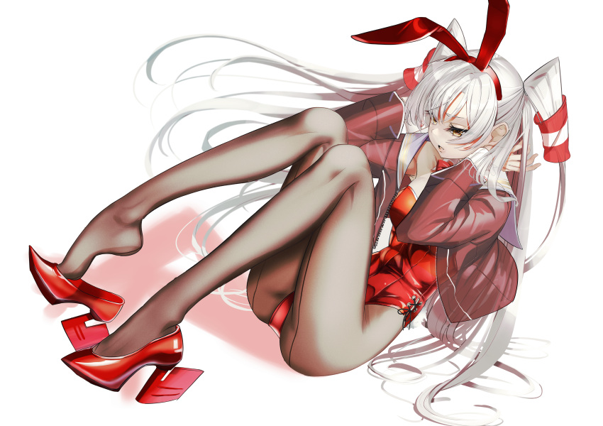 1girl absurdres alternate_costume amatsukaze_(kancolle) animal_ears bow bowtie breasts brown_eyes detached_collar fake_animal_ears grey_pantyhose hair_tubes hairband high_heels highleg highleg_leotard highres jacket kantai_collection kotoba_suzu leotard long_hair long_sleeves open_clothes open_jacket pantyhose playboy_bunny rabbit_ears red_bow red_bowtie red_footwear red_hairband red_jacket red_leotard see-through see-through_jacket side-tie_leotard small_breasts solo strapless strapless_leotard traditional_bowtie two_side_up unzipped very_long_hair white_hair