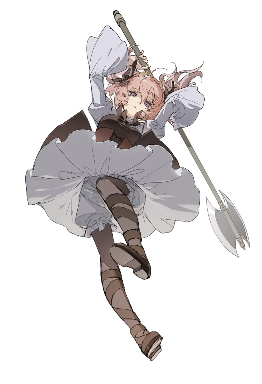 1girl arms_up axe battle_axe bloom bloomers bow bowtie brown_bow brown_bowtie brown_footwear brown_pantyhose demon_horns frown full_body hair_ribbon highres holding holding_axe holding_weapon horns linie_(sousou_no_frieren) long_sleeves looking_at_viewer pantyhose pink_hair purple_eyes ribbon snowcake47 solo sousou_no_frieren twintails weapon white_background white_bloomers wide_sleeves