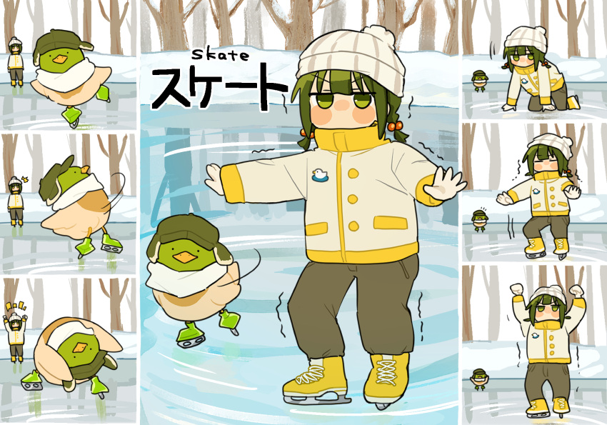 1girl beanie bird blush_stickers duck fur_hat fuu_(ozu_(oz_yarimasu)) green_eyes green_hair guu_(ozu_(oz_yarimasu)) hat highres ice_skates ice_skating jacket original outdoors outstretched_arms ozu_(oz_yarimasu) scarf skates skating snow ushanka winter