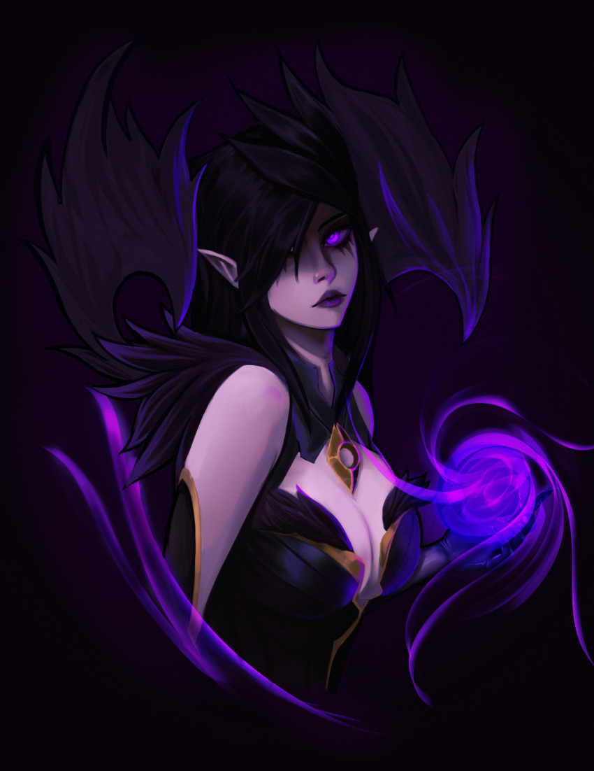 1girl absurdres bare_shoulders black_hair breasts cleavage cropped_torso from_side hair_over_one_eye highres large_breasts league_of_legends long_hair looking_at_viewer magic max_(max5swell) morgana_(league_of_legends) pink_eyes pointy_ears purple_lips solo upper_body wings