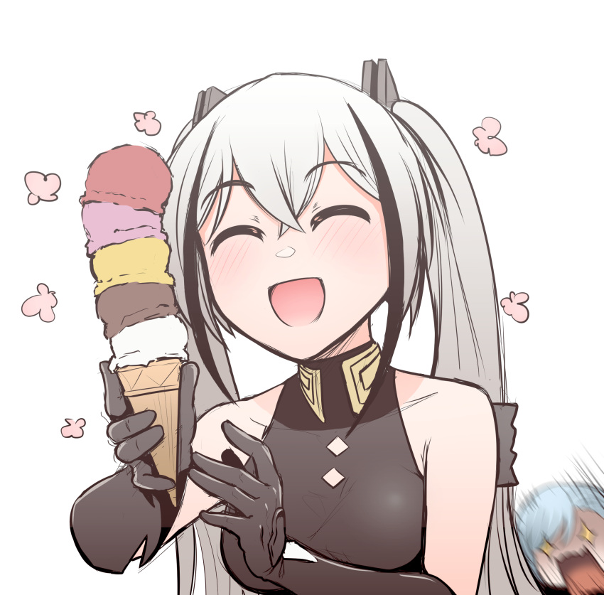 +_+ 2girls black_gloves blush breasts closed_eyes collarbone destroyer_(girls'_frontline) elbow_gloves food girls'_frontline gloves grey_hair hands_up highres holding holding_food ice_cream medium_breasts motion_lines multicolored_hair multiple_girls open_mouth senpaihawkkun shirt simple_background sleeveless sleeveless_shirt smile solo_focus spas-12_(girls'_frontline) streaked_hair twintails upper_body white_background white_hair