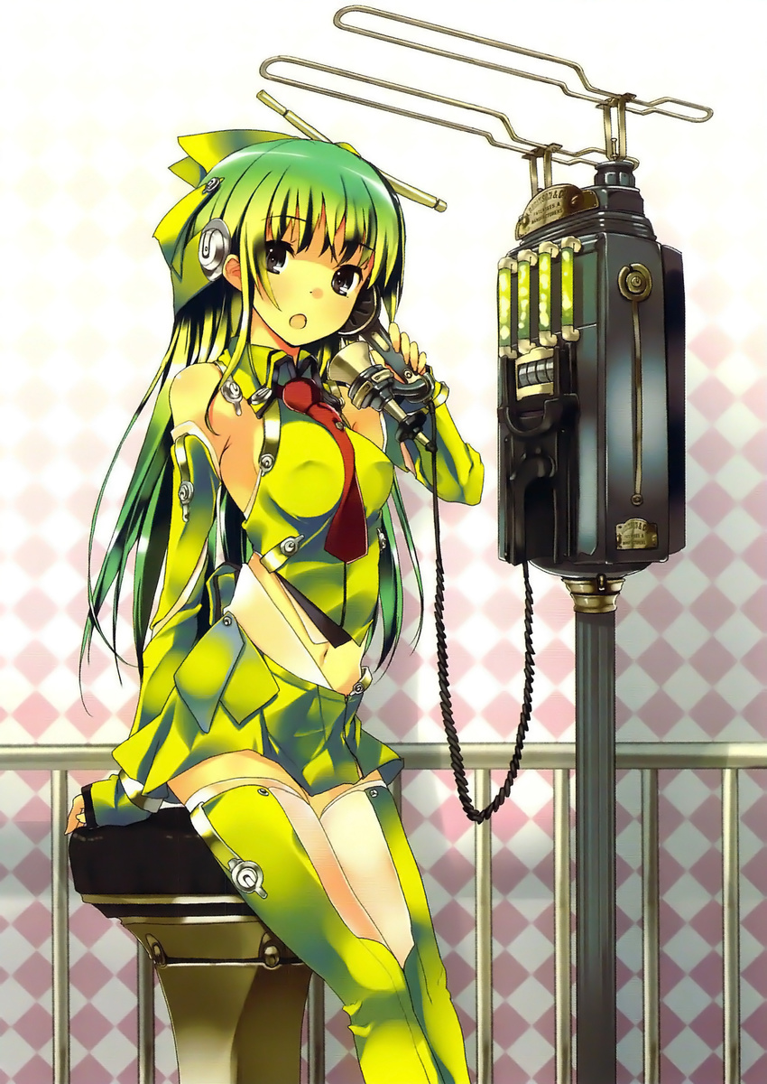 :o android argyle argyle_background arm_support bare_shoulders black_eyes boots breasts copyright_request covered_nipples detached_sleeves green_footwear green_hair green_legwear hair_ornament highres medium_breasts midriff navel necktie open_mouth phone refeia sitting skirt sleeves_past_wrists solo steampunk thigh_boots thighhighs zettai_ryouiki