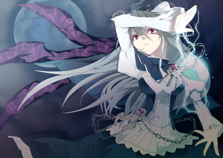 breasts capelet chain dress gradient_hair green_hair grey_hair hat impossible_clothes impossible_dress katayama_kei long_hair medium_breasts mima moon multicolored_hair red_eyes solo touhou touhou_(pc-98) wings wizard_hat
