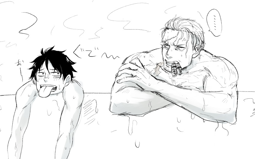 ... 2boys absurdres bathtub facial_hair greyscale highres looking_at_another male_focus mature_male medium_sideburns monkey_d._luffy monochrome multiple_boys nude one_piece same-sex_bathing scar scar_on_face scar_on_forehead shared_bathing short_hair sideburns_stubble smoker_(one_piece) sparse_stubble stitches stubble toned toned_male tongue tongue_out tsurime upper_body wet white_hair yamakazi47 yaoi