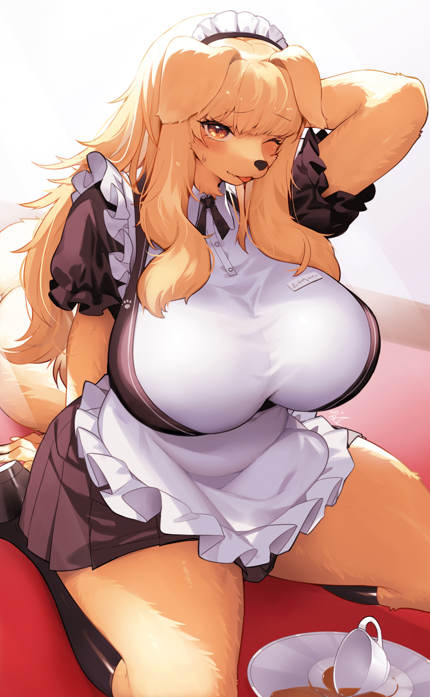 :p animal_ears animal_nose apron arm_behind_head black_dress black_socks blonde_hair blush body_fur breasts cup dog_ears dog_girl dog_tail dress fang frills furry furry_female highres huge_breasts kishibe long_hair maid_apron maid_headdress name_tag one_eye_closed orange_eyes original shoes short_sleeves socks sweatdrop tail tea teacup thighs tongue tongue_out tray yellow_fur