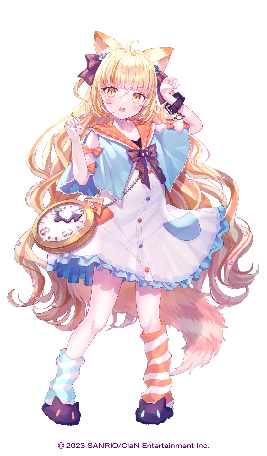 1girl :3 absurdres ahoge animal_ear_fluff animal_ears blonde_hair blue_capelet blue_dress blunt_bangs bow bowtie capelet cat_ears cat_tail clan_entertainment clock commentary_request dated dress flat_chest frilled_dress frills full_body hair_between_eyes hair_bow highres kappe_reeka long_hair looking_at_viewer mismatched_socks multicolored_hair multicolored_socks nyamamugi_tart nyantasia official_art orange_bow orange_eyes orange_hair orange_sailor_collar orange_socks paw_pose red_bow red_bowtie sailor_collar sanrio sidelocks simple_background sleeveless sleeveless_dress slippers socks solo standing streaked_hair striped_clothes striped_socks tail two_side_up very_long_hair virtual_youtuber wavy_hair white_background white_socks