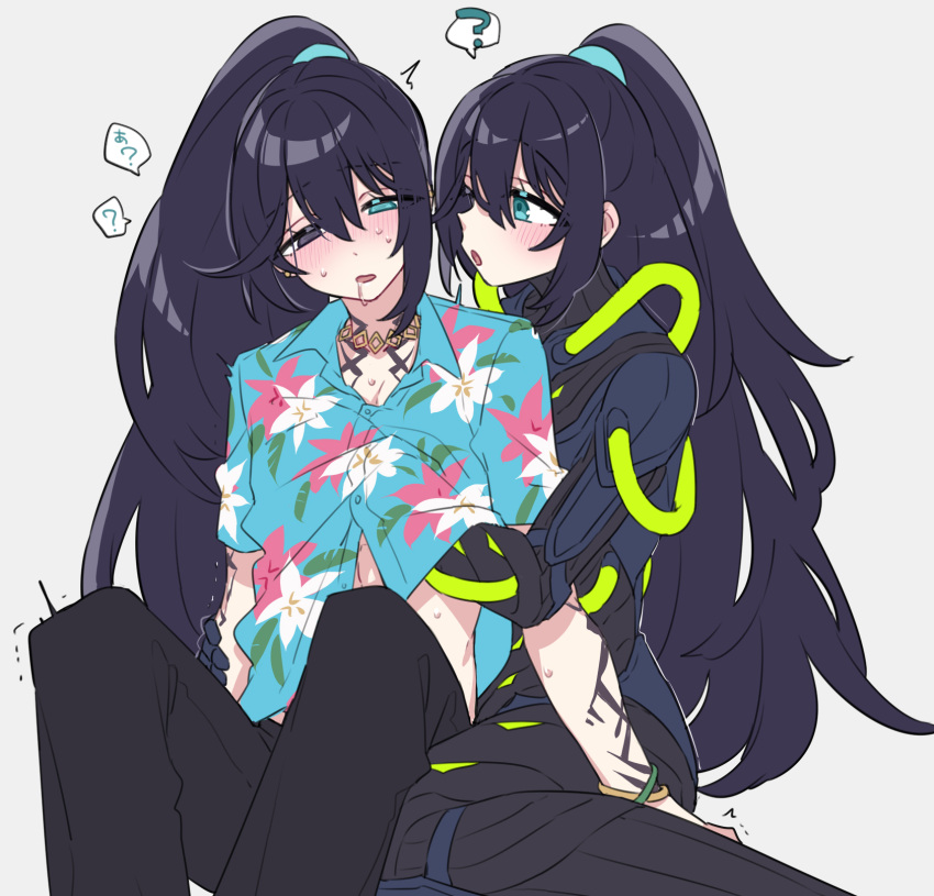 2boys black_hair black_pants blue_eyes blue_shirt collared_shirt drooling dual_persona groping heterochromia high_ponytail highres hong_lu_(project_moon) limbus_company long_hair multiple_boys open_mouth pants project_moon selfcest shiki_(shikki46) shirt short_sleeves very_long_hair yaoi