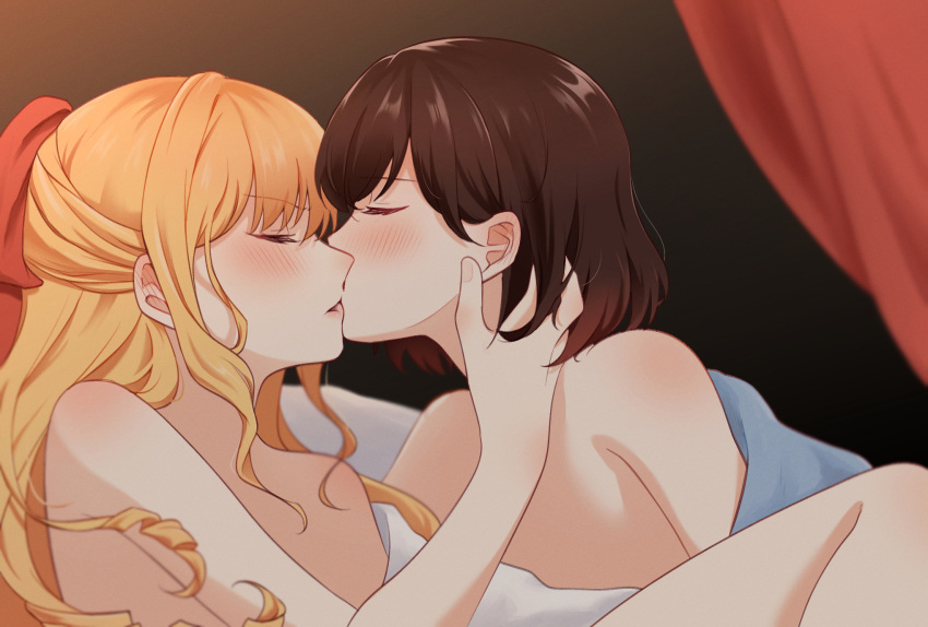 2girls blonde_hair blush brown_hair claire_francois closed_eyes commentary_request curtains drill_hair ear_blush hair_ribbon hand_on_another's_face highres indoors kiss long_hair medium_hair multiple_girls nude parted_lips rae_taylor red_ribbon ribbon risai under_covers watashi_no_oshi_wa_akuyaku_reijou yuri