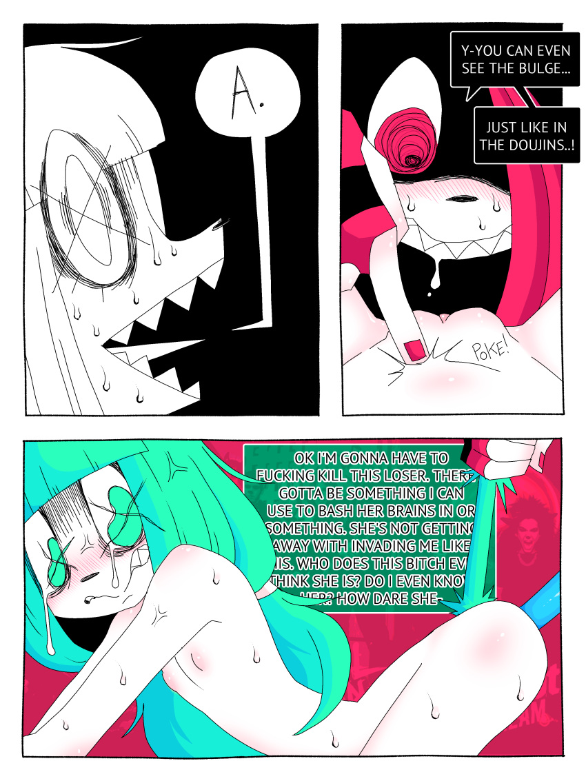 absurd_res anal anal_penetration angry anthro bodily_fluids clothing comic cross-popping_vein crying dialogue dildo dildo_in_ass dildo_insertion duo emo exclamation felid feline female female/female fingerless_gloves forced fur girl_a girl_b gloves green_body green_eyes green_fur green_hair hair handwear hi_res mammal murderous object_in_ass penetration pink_eyes pink_hair ponporio_(artist) rape sex_toy sex_toy_in_ass sex_toy_insertion sweat tears