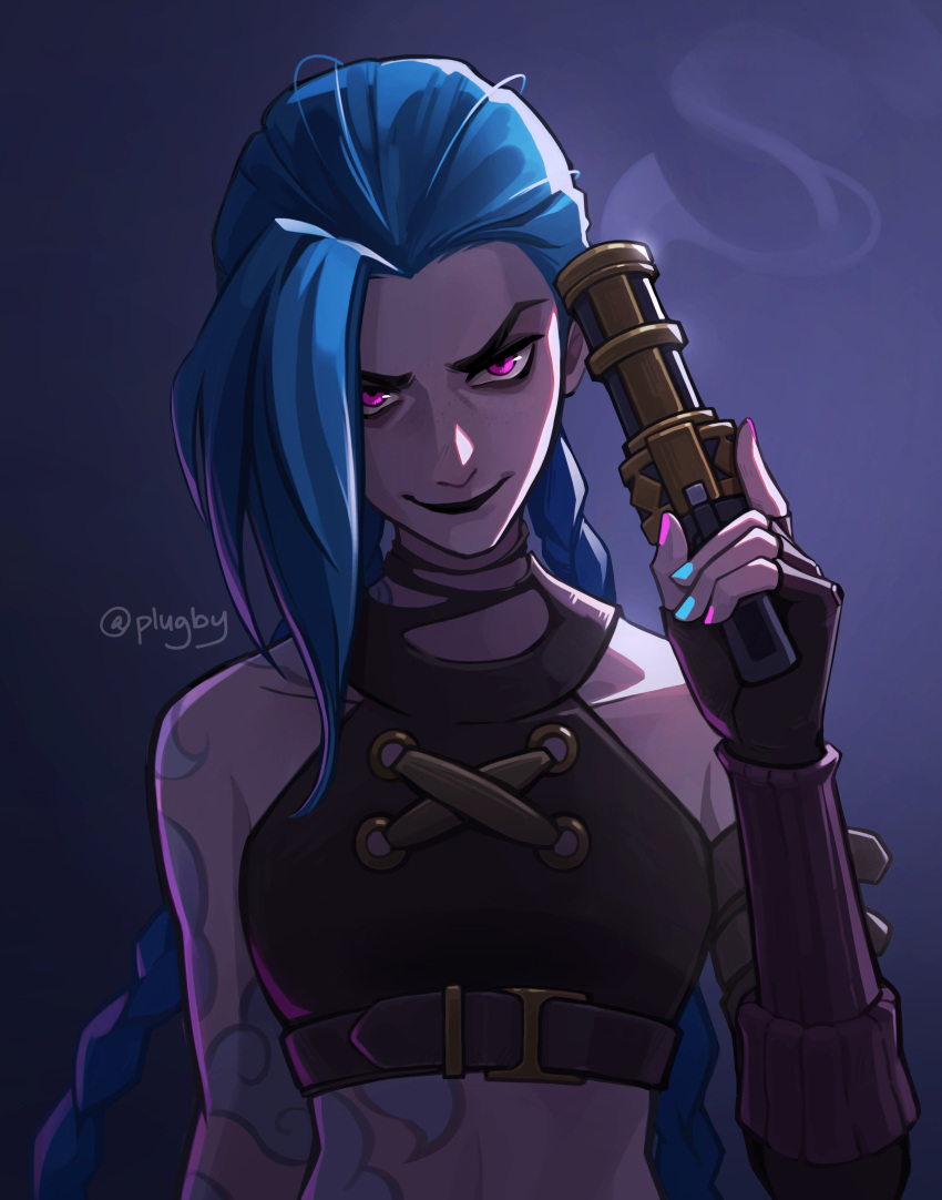 1girl absurdres arcane:_league_of_legends arm_tattoo bare_shoulders braid brown_gloves brown_shirt closed_mouth cloud_tattoo crop_top fingerless_gloves gloves gradient_background green_hair gun hand_up highres holding holding_gun holding_weapon jinx_(league_of_legends) league_of_legends long_hair pink_eyes plugby shirt smile solo tattoo twin_braids twintails weapon