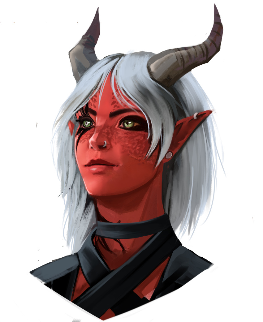 1girl absurdres baldur's_gate baldur's_gate_3 brown_horns closed_mouth colored_sclera colored_skin dungeons_and_dragons earrings heterochromia highres horns jewelry max_(max5swell) orange_sclera pointy_ears red_skin simple_background smile solo tav_(baldur's_gate_3) tiefling white_background