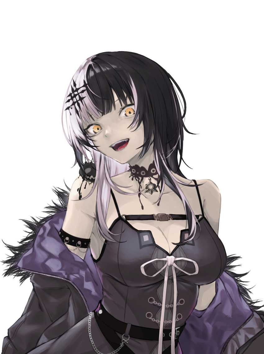 1girl absurdres arm_strap belt black_belt black_choker black_coat black_dress black_hair breast_strap breasts chest_belt choker cleavage coat dress english_commentary fang fur-trimmed_coat fur_trim grey_hair highres hololive hololive_english jacket lace lace_choker large_breasts layered_dress long_hair multicolored_hair ocha_illust open_clothes open_jacket open_mouth ribbon shiori_novella shiori_novella_(1st_costume) short_dress simple_background sleeveless sleeveless_dress split-color_hair teeth tongue upper_body virtual_youtuber white_background white_ribbon yellow_eyes