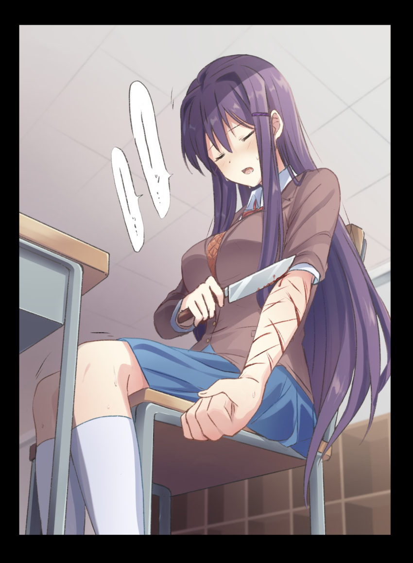 1girl blood breasts chair classroom closed_eyes commentary cuts cutting desk doki_doki_literature_club hair_ornament hairclip highres holding holding_knife indoors injury knife large_breasts long_hair open_mouth purple_hair school_desk school_uniform self-harm sitting skirt socks solo sweat symbol-only_commentary very_long_hair white_socks wrist_cutting x3_xy3_(jtsu4377) yuri_(doki_doki_literature_club)