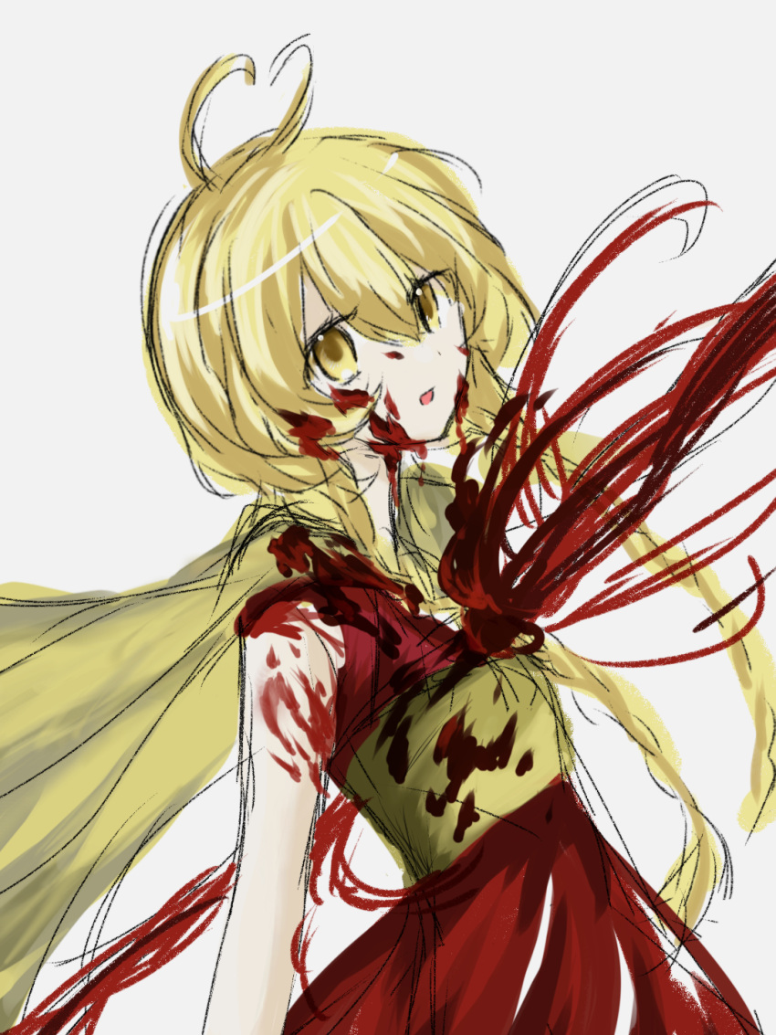 1other androgynous blonde_hair blood blood_in_hair blood_on_clothes blood_on_face braid cape chinese_commentary commentary_request dress hair_between_eyes highres len'en long_hair niao_maoban_gutou ooama_no_ake_no_mitori open_mouth other_focus red_dress simple_background sketch sleeveless sleeveless_dress solo twin_braids white_background yellow_cape