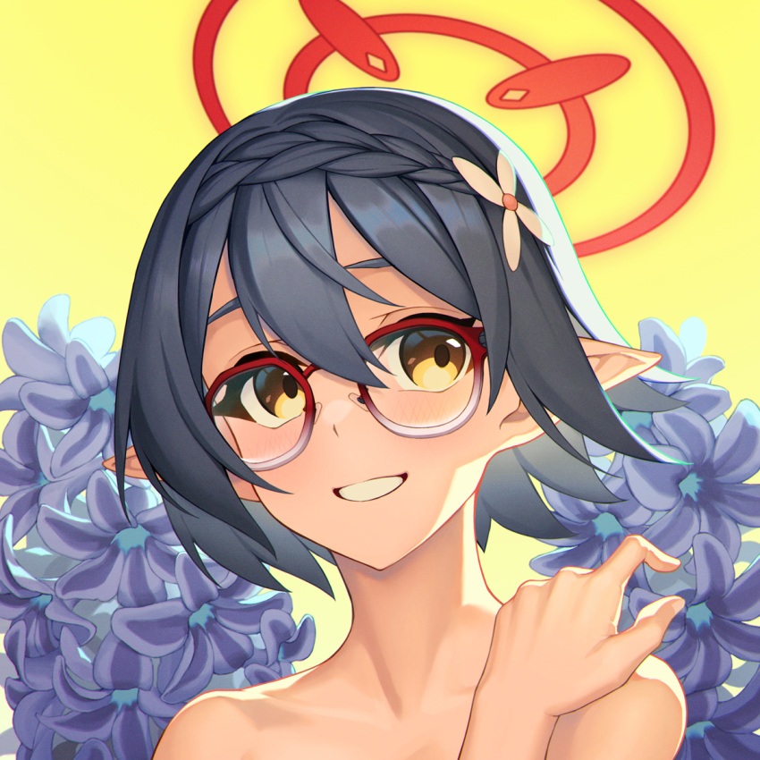 1girl ayane_(blue_archive) bare_shoulders black_hair blue_archive blush flower glasses hair_flower hair_ornament halo highres looking_at_viewer pointy_ears portrait red-framed_eyewear red_halo rotix short_hair smile solo upper_body yellow_background yellow_eyes