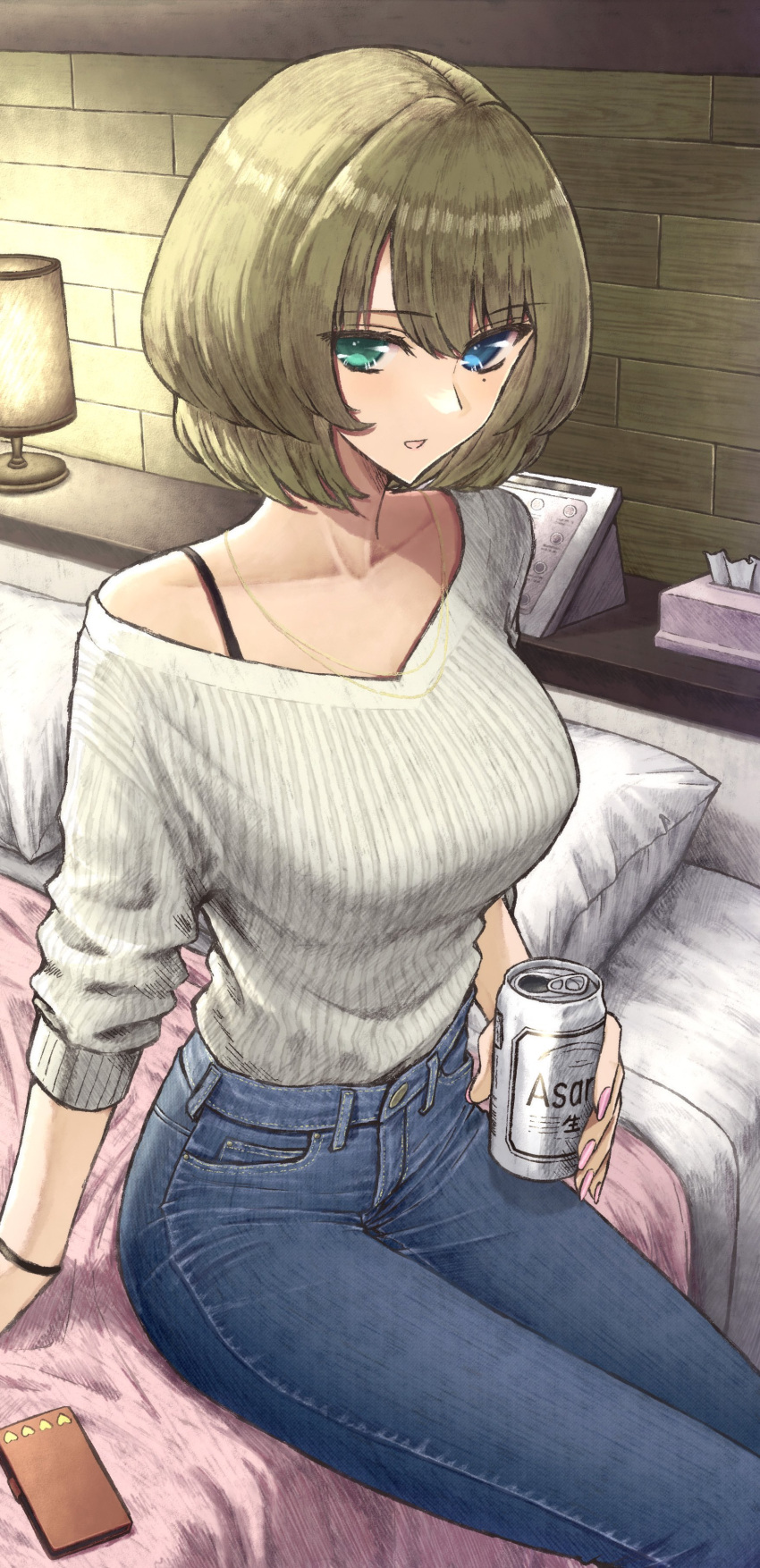 1girl absurdres aramachi armband beer_can blue_eyes blush breasts can collarbone commentary_request denim drink_can green_eyes green_hair heterochromia highres idolmaster idolmaster_cinderella_girls jewelry looking_at_viewer medium_breasts mole mole_under_eye necklace open_mouth shirt short_hair sitting smile solo takagaki_kaede tissue_box white_shirt