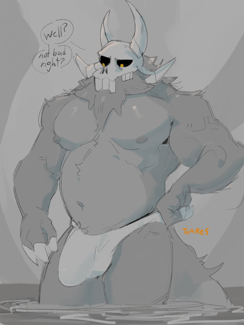 bone bulge claws finger_claws fur hi_res horn male musclegut muscular muscular_male navel nipples partially_submerged skull skull_head solo speech_bubble standing tail thaires
