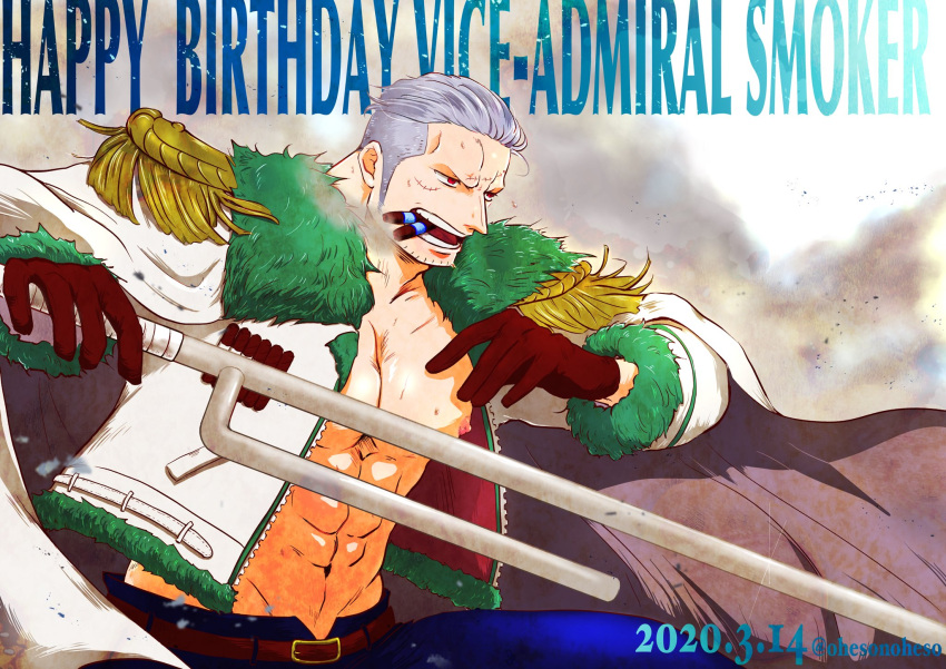 1boy abs bara bare_pectorals coat cowboy_shot facial_hair from_side happy_birthday highres holding holding_weapon large_pectorals male_focus mature_male medium_sideburns muscular muscular_male nipples no_shirt ohesonoheso one_piece pectorals scar scar_on_face scar_on_forehead short_hair sideburns_stubble smoker_(one_piece) solo sparse_stubble stitches stubble sweat tsurime weapon white_hair