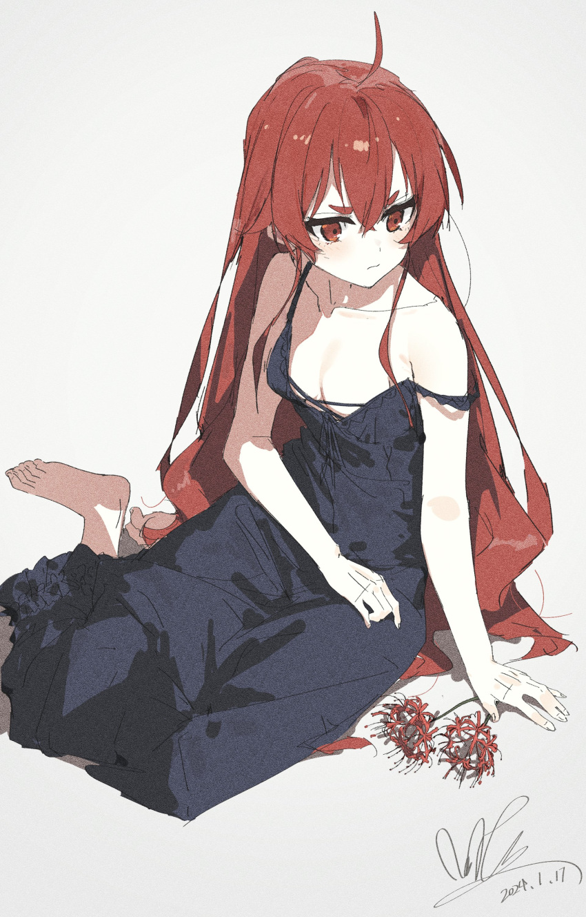 1girl absurdres ahoge artist_name barefoot black_nightgown breasts closed_mouth collarbone dated eris_greyrat flower highres jitome nightgown qtian red_eyes red_hair short_eyebrows signature single_bare_shoulder sitting small_breasts solo spaghetti_strap spider_lily strap_slip thick_eyebrows tsurime yokozuwari
