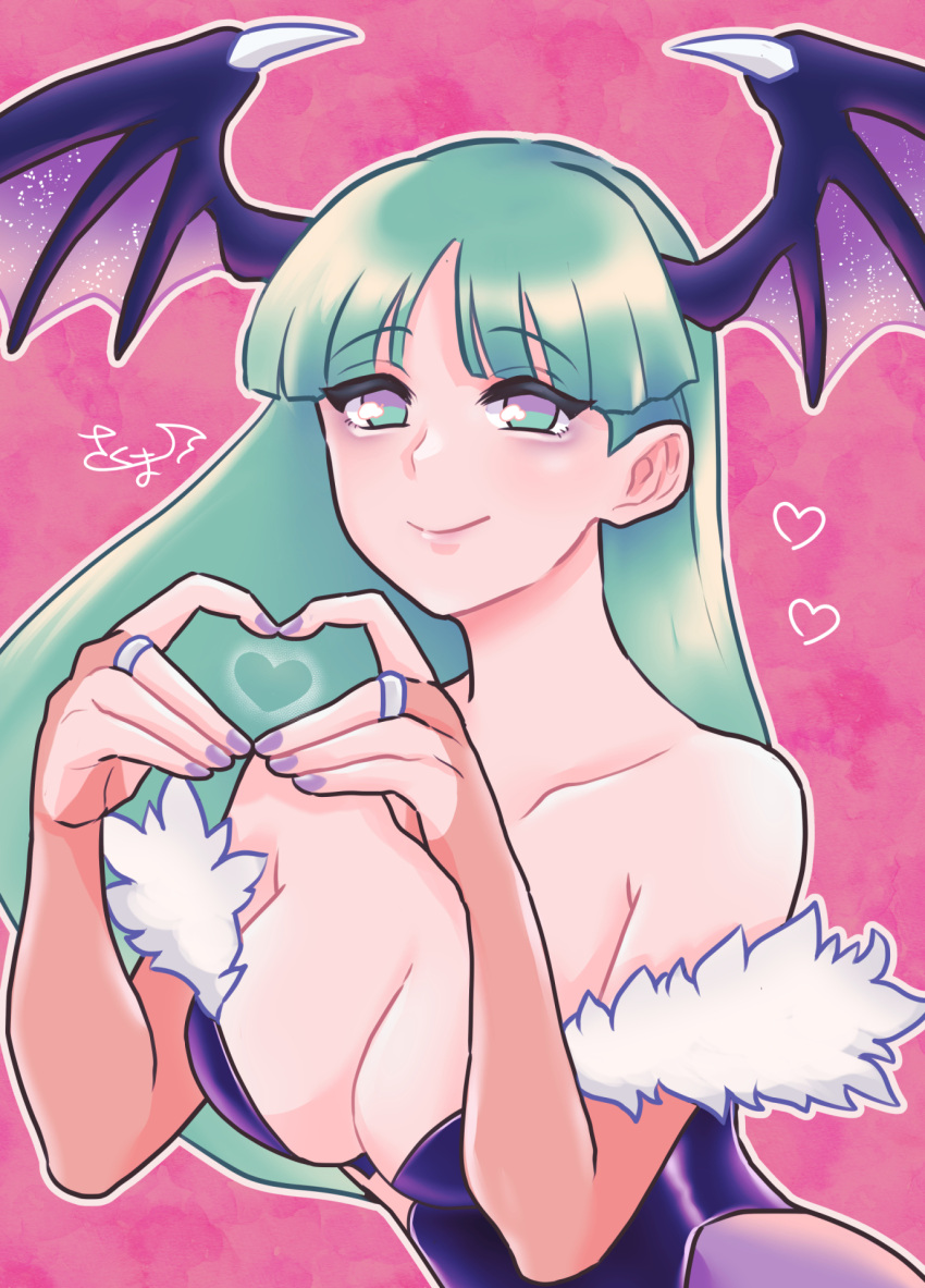 1girl bare_shoulders black_leotard breasts bridal_gauntlets cleavage collarbone demon_girl demon_wings green_eyes grey_hair head_wings heart heart_hands highres leotard long_hair medium_breasts morrigan_aensland pink_background simple_background skm_nnm solo vampire_(game) wings