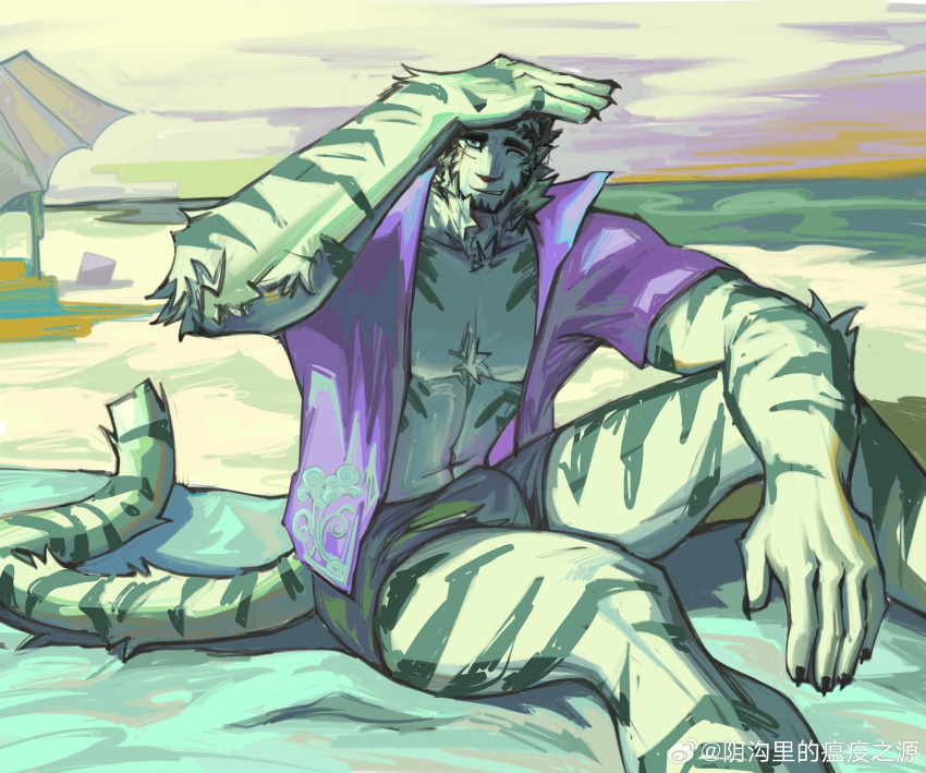 1boy absurdres animal_ears arknights bara beach bulge chest_tuft facial_hair feet_out_of_frame fluffy furry furry_male goatee highres large_hands large_pectorals male_focus male_swimwear mountain_(arknights) muscular muscular_male neck_fur open_clothes open_shirt pectoral_cleavage pectorals scar scar_across_eye scar_on_arm short_hair solo spread_legs stomach swim_briefs thick_eyebrows thighs tiger_boy tiger_ears waving white_hair yingou_li_de_wenyi_zhi_yuan