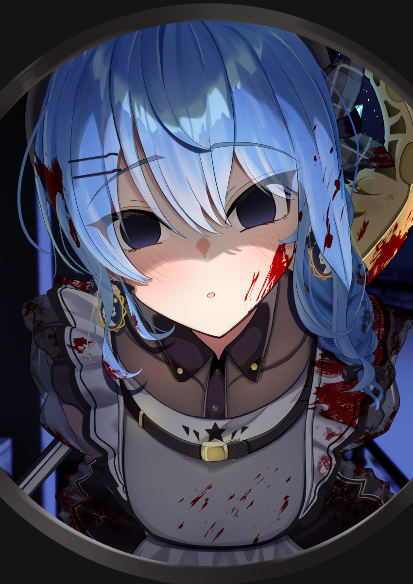 1girl absurdres axe blood blood_in_hair blood_on_clothes blood_on_face blue_hair blush dark_eye highres holding holding_axe holding_weapon hololive hoshimachi_suisei hoshimachi_suisei_(maid) kurenaiaoi0 official_alternate_costume smile solo virtual_youtuber weapon