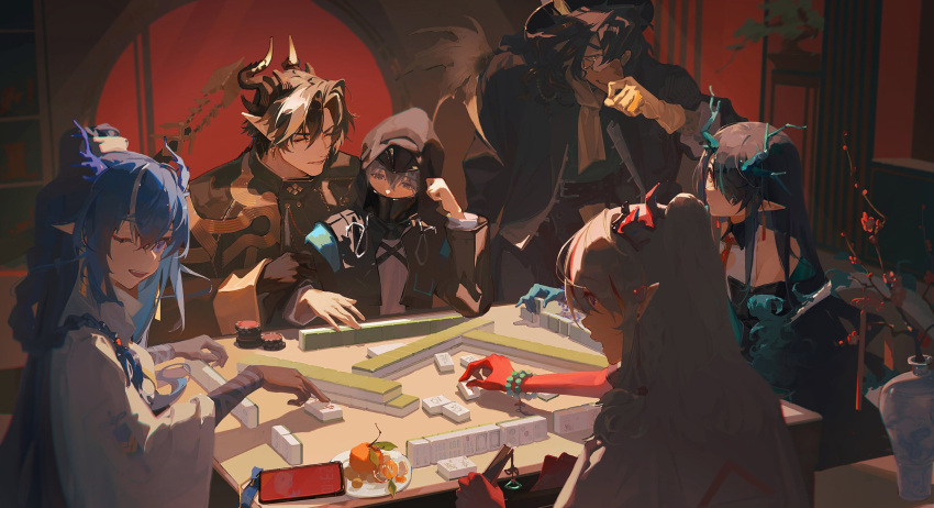 1other 2boys 3girls arknights chong_yue_(arknights) doctor_(arknights) dragon_boy dragon_ears dragon_girl dragon_horns dragon_tail dusk_(arknights) fins fish_tail furry furry_male hashtag_only_commentary highres horns lee_(arknights) ling_(arknights) mahjong mahjong_table mahjong_tile multiple_boys multiple_girls nian_(arknights) round_eyewear table tail yuyumu