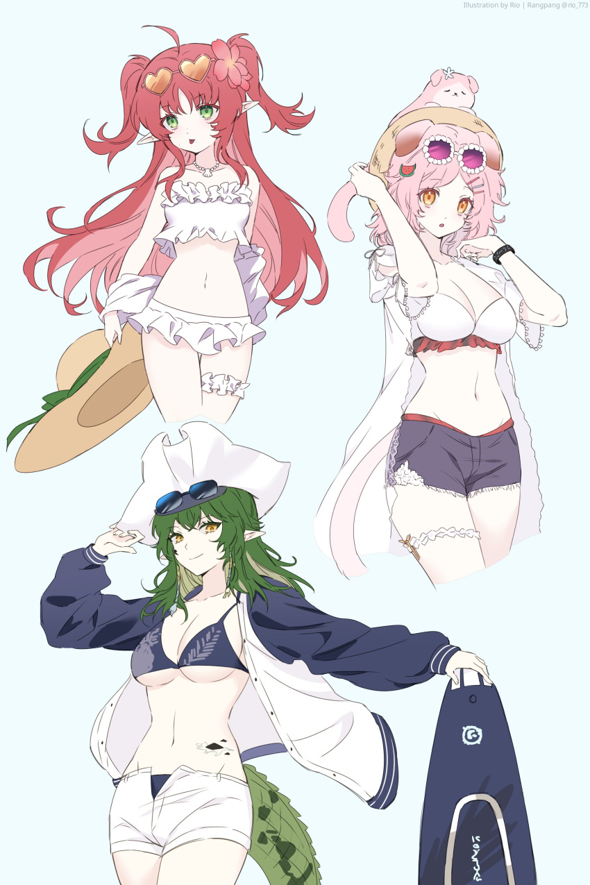 3girls :o absurdres animal_ears animal_on_head arknights bikini blue-tinted_eyewear blue_bikini blue_jacket blue_shorts breasts brown_headwear cat_ears cat_girl commentary crocodilian_tail cropped_legs flower food-themed_hair_ornament frilled_bikini frills gavial_(arknights) gavial_the_invincible_(arknights) gavial_the_invincible_(holiday)_(arknights) goldenglow_(arknights) goldenglow_(summer_flowers)_(arknights) green_eyes green_hair grey_background hair_flower hair_ornament hairclip hand_up hat heart heart-shaped_eyewear highres holding holding_clothes holding_hat infection_monitor_(arknights) jacket large_breasts letterman_jacket long_hair looking_at_viewer multiple_girls myrtle_(arknights) myrtle_(summer_flowers)_(arknights) navel on_head oripathy_lesion_(arknights) parted_lips pink-tinted_eyewear pink_cat pink_flower pointy_ears rectangular_eyewear red_hair rio_(rio773) shorts simple_background small_breasts smile straw_hat surfboard swimsuit swimsuit_cover-up tail thigh_strap tinted_eyewear two_side_up unworn_hat unworn_headwear watermelon_hair_ornament white_bikini white_headwear white_jacket white_shorts yellow-tinted_eyewear yellow_eyes