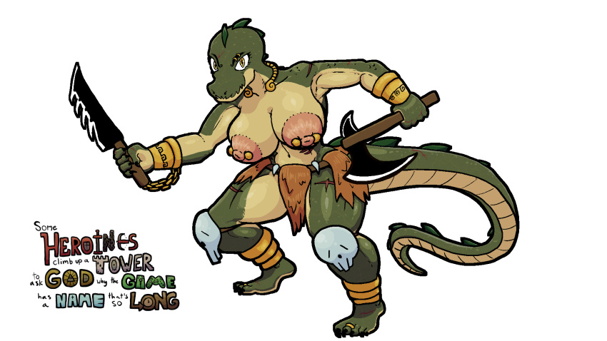 abruna_(character) anthro areola axe bottomwear breasts chain claws clothing crocodile crocodilian crocodylid dagger digit_ring eyebrow_piercing facial_piercing feet female gold_(metal) gold_jewelry hi_res jewelry leather leather_clothing loincloth melee_weapon nipple_piercing nipples piercing reptile ring scales scalie scar solo some_heroines_climb_up_a_tower_to_ask_god_why_the_game_has_a_name_that's_so_long toe_ring toes trongle weapon