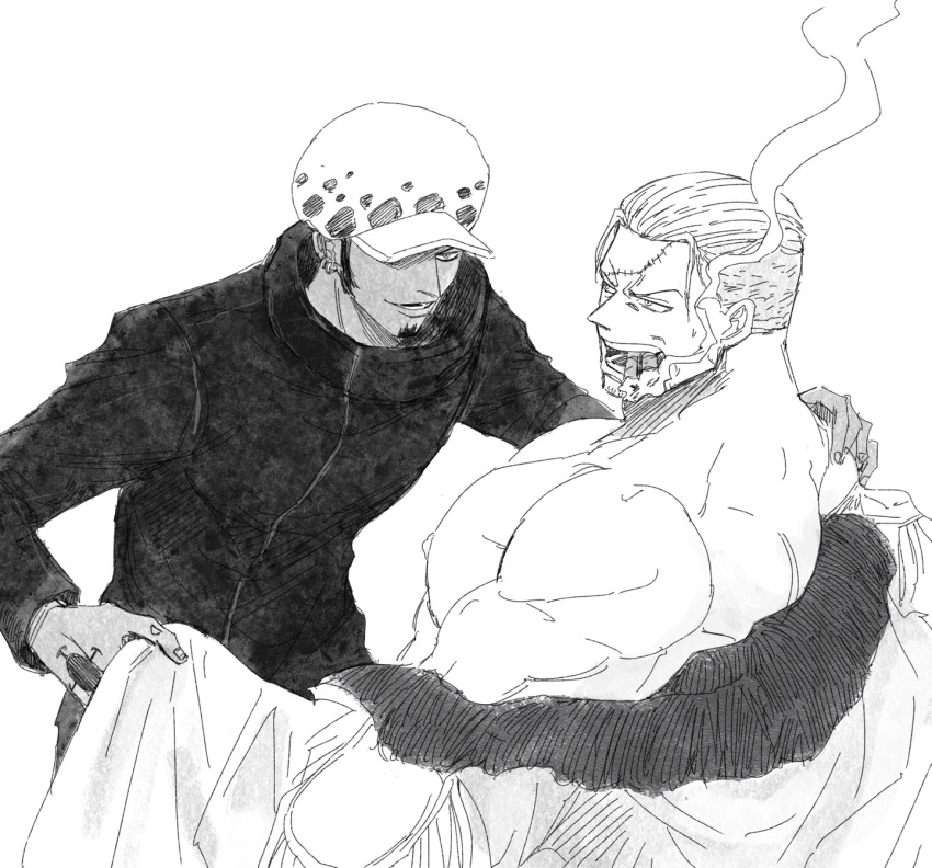 2boys averting_eyes bara bare_pectorals coat couple facial_hair from_side goatee greyscale highres large_pectorals male_focus mature_male medium_sideburns monochrome multiple_boys muscular muscular_male nipples nography one_piece open_clothes open_coat pectorals scar scar_on_face scar_on_forehead short_hair sideburns_stubble smile smoke smoker_(one_piece) sparse_stubble stitches stubble trafalgar_law tsurime undressing_another upper_body yaoi